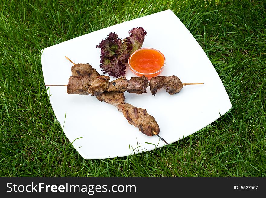 Dish of fresh kebabs on sticks with hot sauce, on green grass
