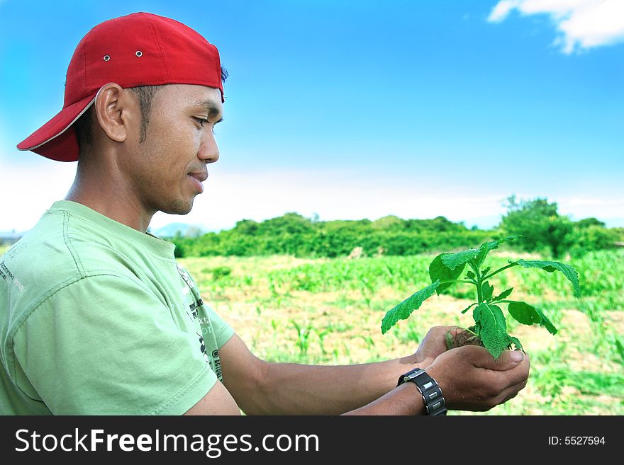 Man with baby plant at field, farming or act for global warming