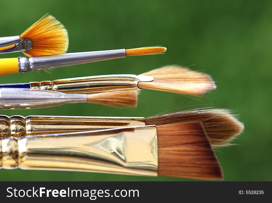 Set of  the finest paintbrushes on green  background