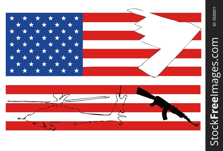 Us flag with gun ,helicopter and airplane