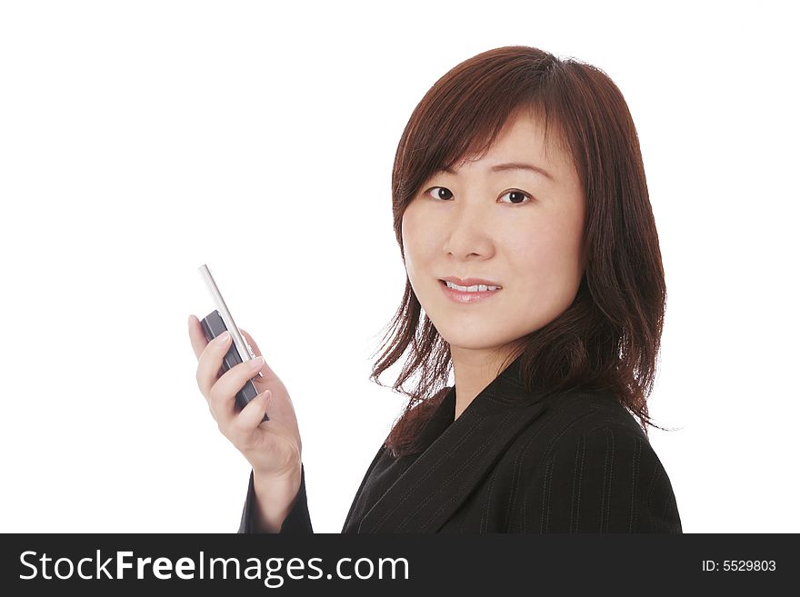 Beautiful Young Asian (Chinese) Businesswoman With Modern Mobile Phone. Beautiful Young Asian (Chinese) Businesswoman With Modern Mobile Phone