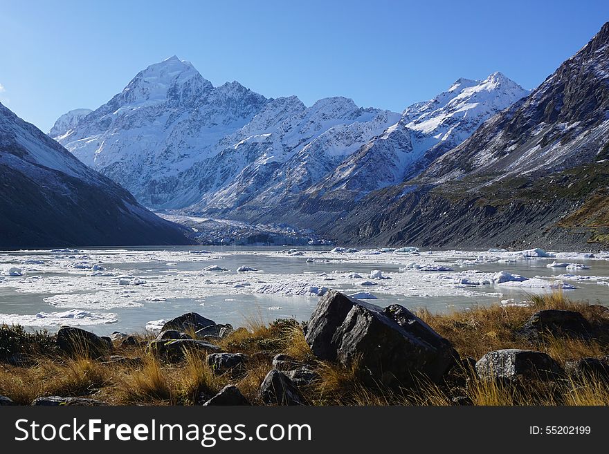 Snow covered Mount Cook peak and mountain range in southern New Zealand, Glacier Lake. Snow covered Mount Cook peak and mountain range in southern New Zealand, Glacier Lake