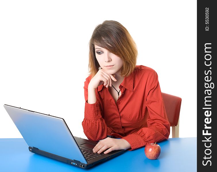 Young businesswoman with laptop lying . Isolated. Young businesswoman with laptop lying . Isolated
