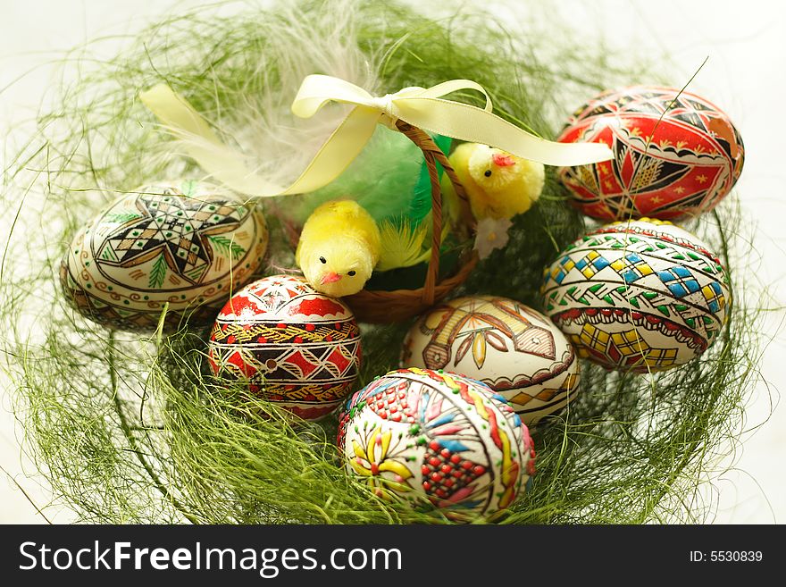 Hand painted Easter eggs in basket