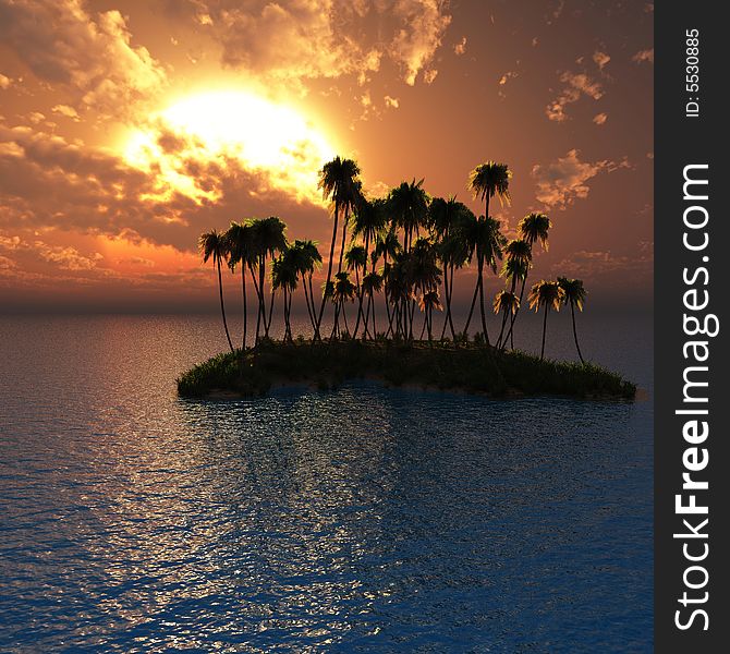 Sunset coconut palm trees on small island - digital illustration.