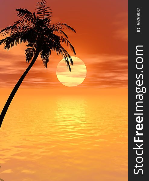 Sunset coconut palm tree on ocean coast - 3d illustration.