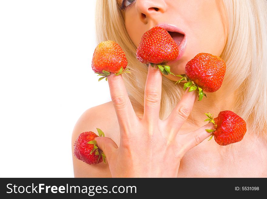 Sexy girl with red strawberry isolated on white background