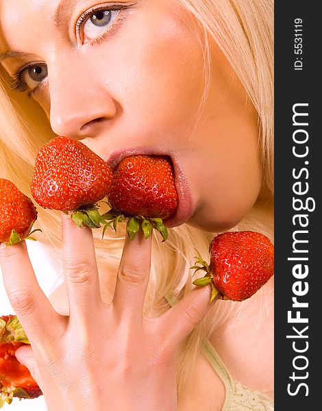 girl with red strawberry isolated on white background. girl with red strawberry isolated on white background