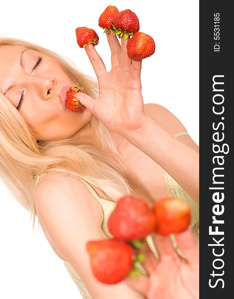 Sexy girl with red strawberry isolated on white
