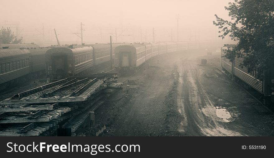 Railroad dead-end in the fog