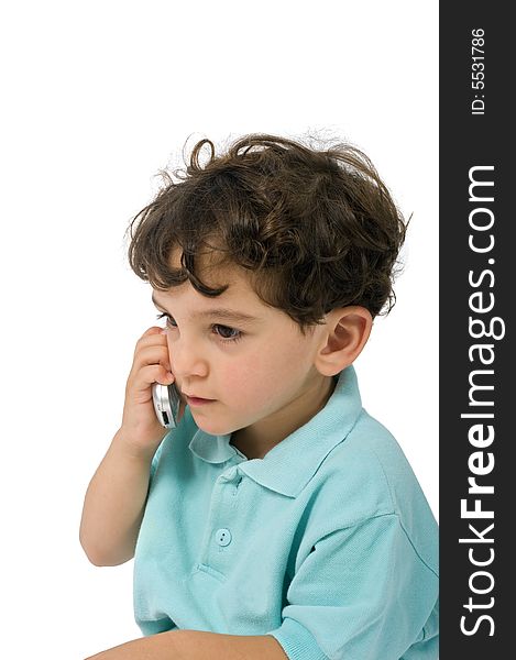 Young boy talking on the phone isolated on white