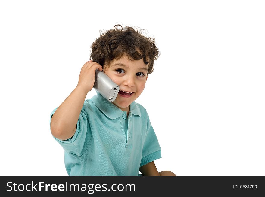 Young boy talking on the phone isolated on white