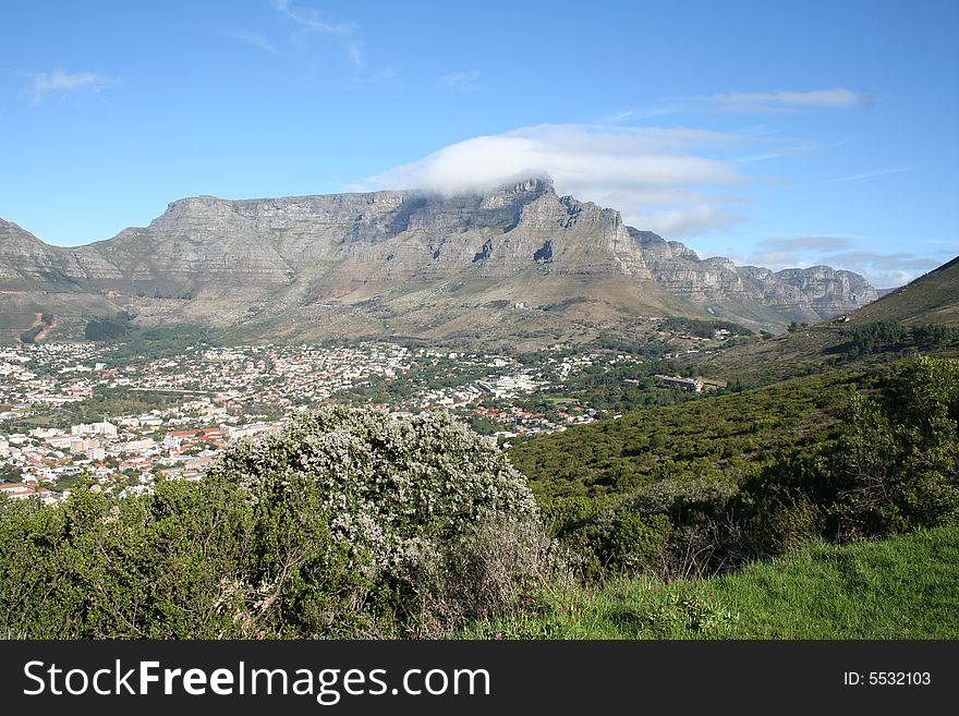 Table Mountain with cloud cap over cable station