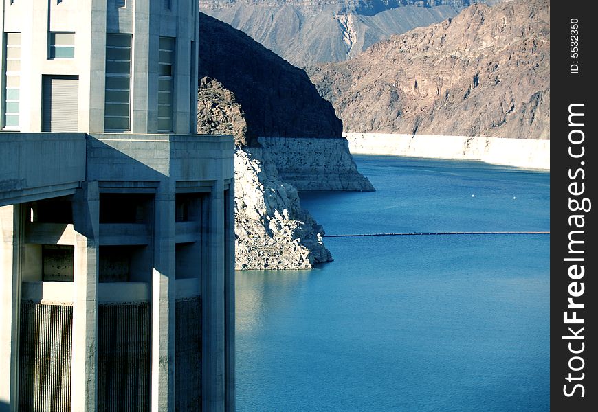 Hoover Building With Lake Mead In The Background