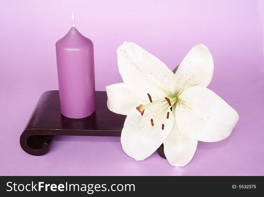 Candle and Madonna lily in color background. Candle and Madonna lily in color background