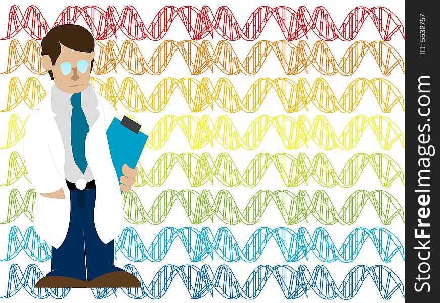 Doctor on DNA symbols with illustrative background. Doctor on DNA symbols with illustrative background