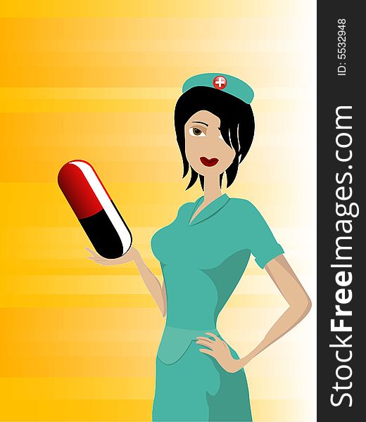 Beautiful nurse with capsule on abstract background