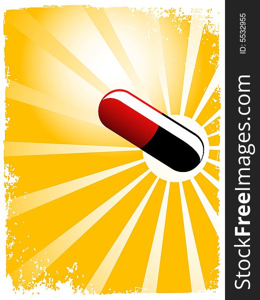 the capsule on sunburst background. the capsule on sunburst background