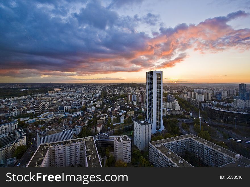 View of Paris skyline at sunset, in La Defense sector. View of Paris skyline at sunset, in La Defense sector.