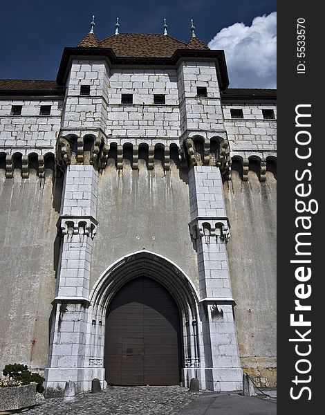 Wide angle view of a castle entrance in France. Wide angle view of a castle entrance in France.