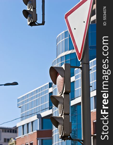 City series: traffic light and road sign in the town