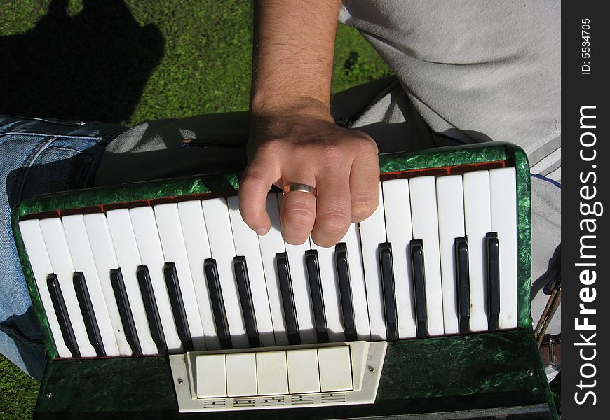 Playing the accordion in the garden, details close up