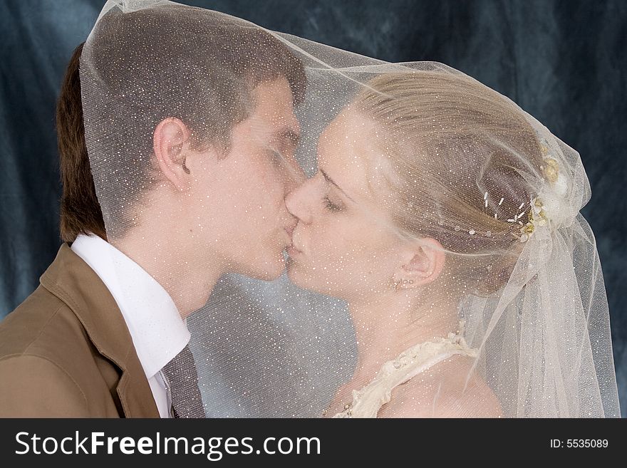 Wedding portrait of a newly-married couple. The groom kisses the bride