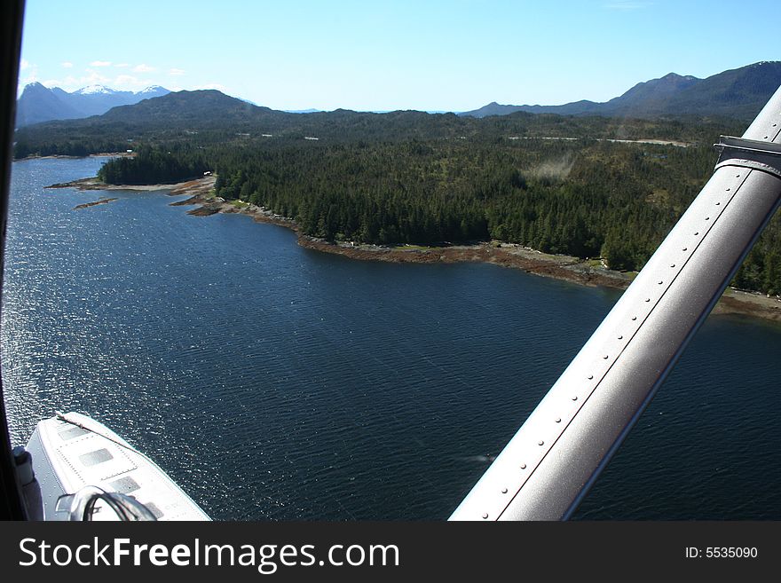 Water landscape with blue skies from a plane in Ketchikan Alaska