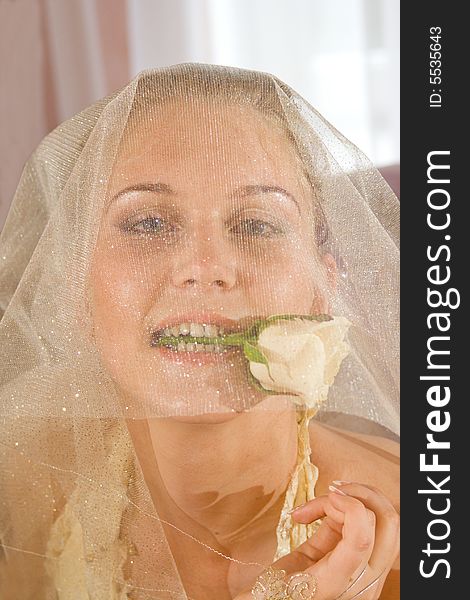 Wedding portrait of the bride. The bride holds a flower in a teeth