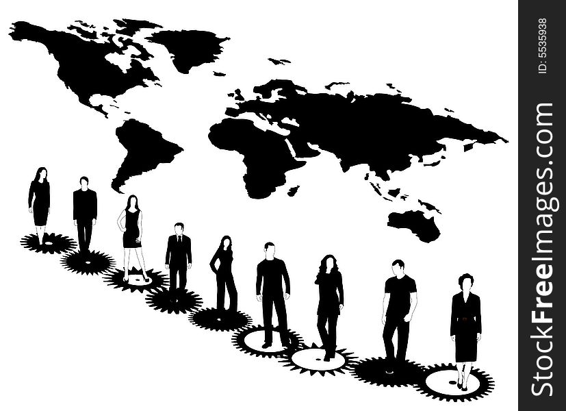 Illustration of business people, map and cogwheels