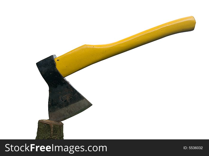 A yellow axe in a tree trunk isolated on white. A yellow axe in a tree trunk isolated on white