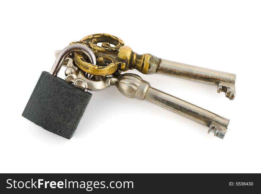 Keys and lock isolated on white background