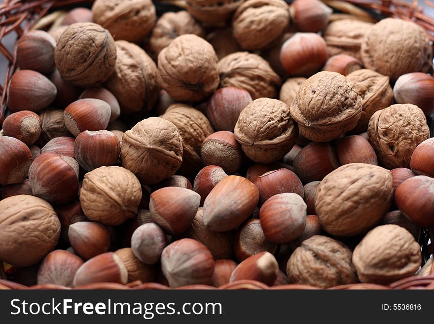 Mix of very healthy hazelnuts and walnuts