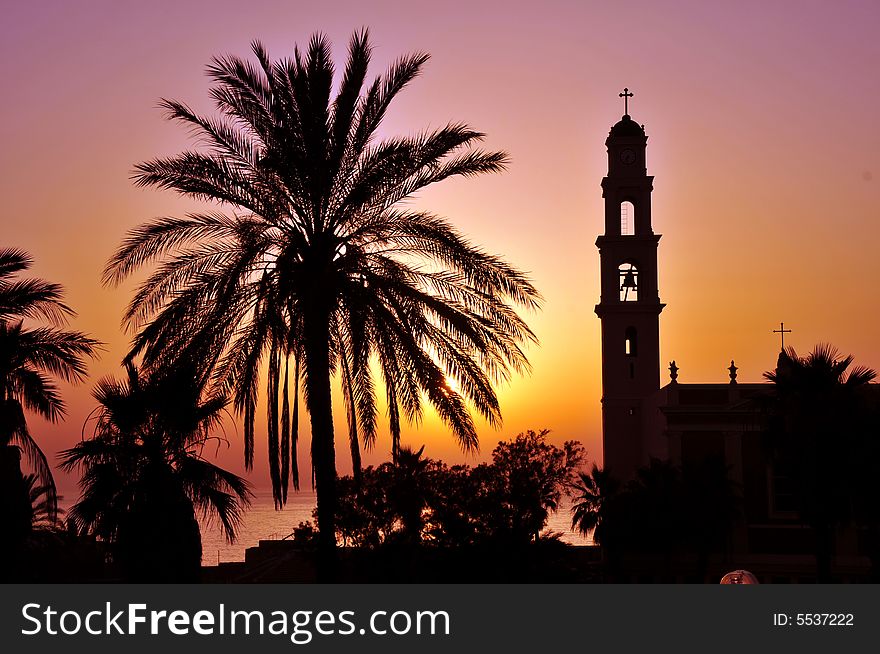 Silhouettes of bell tower and palm on background of sunset sky. Silhouettes of bell tower and palm on background of sunset sky