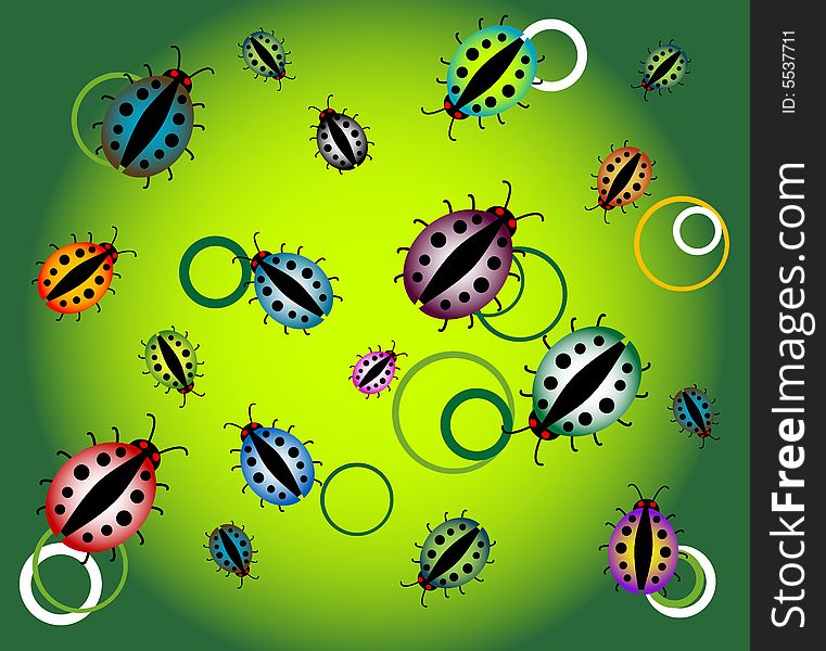 Abstract background with circles and colored ladybirds. Abstract background with circles and colored ladybirds