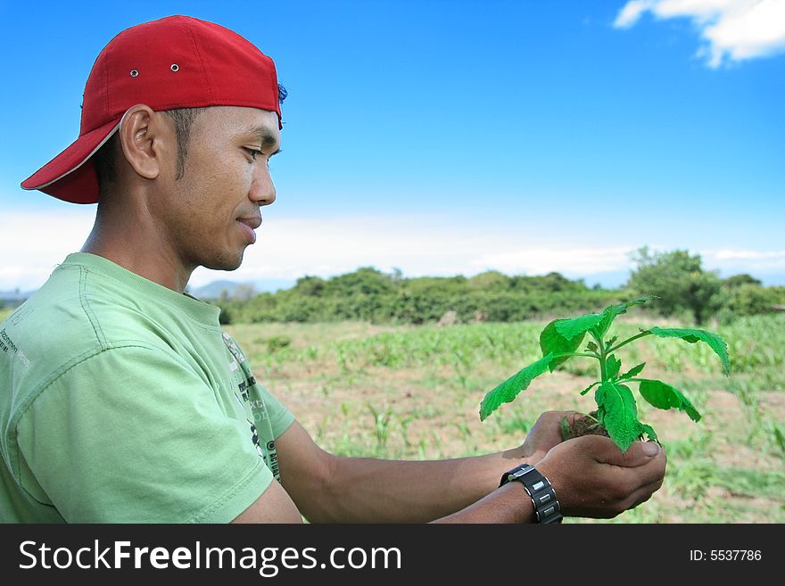 Man with baby plant at field, farming or act for global warming