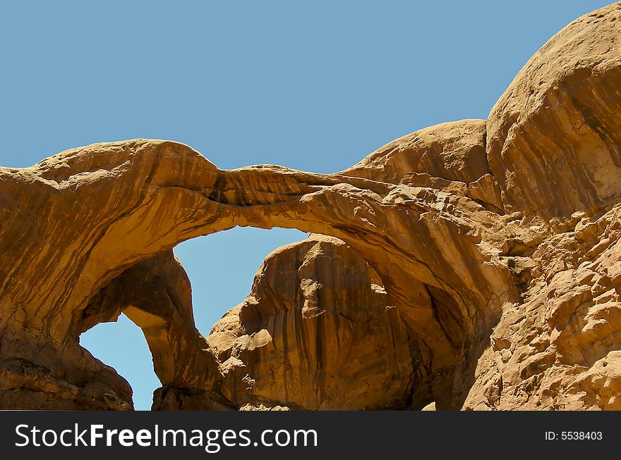 The Double Arch rock formation in Arches National Park, Moab, Utah.