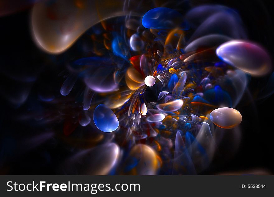 Colorful bubbles swirl on black background - abstract 3d rendering