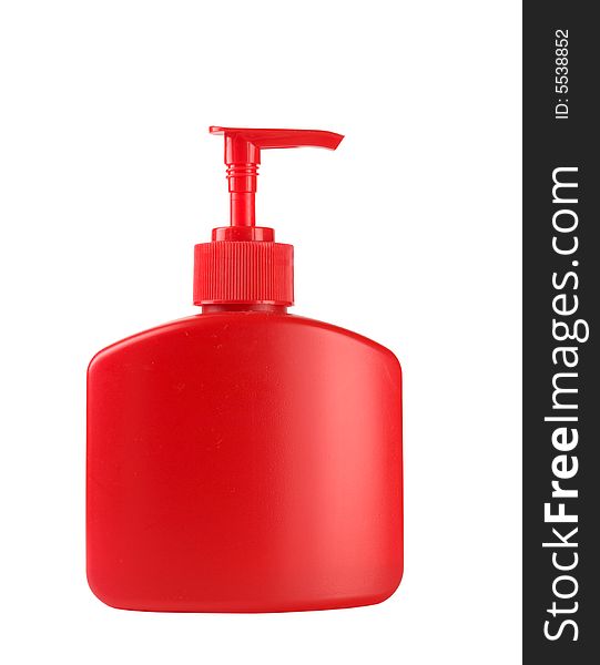 Red soap bottle isolated on white