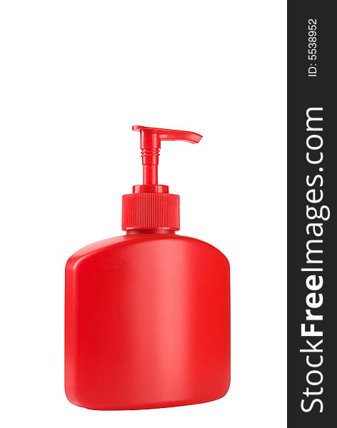Red soap bottle isolated on white