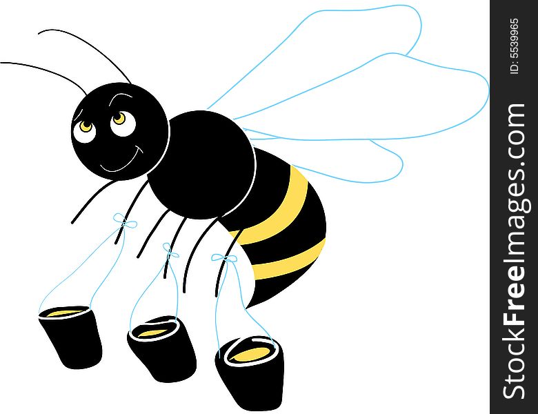 Little flying bee with honey. Vectorial character. Little flying bee with honey. Vectorial character