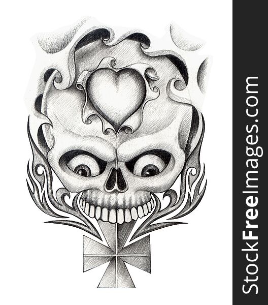 Skull heart cross art tattoo.