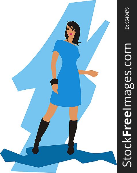 Fashion girl in blue dress. Vector illustration.
