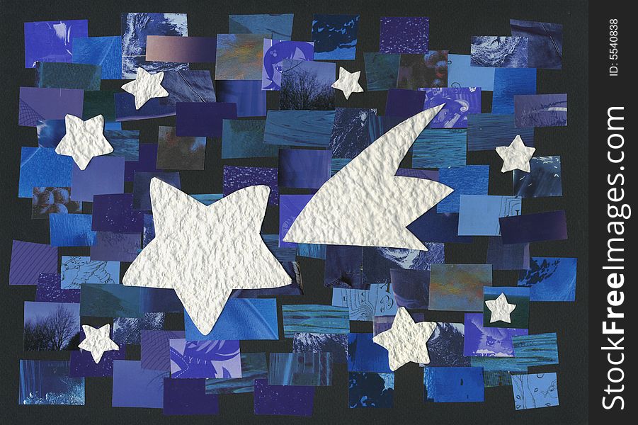 Collages in blue with white stars and a big comet. Christmas collage. Collages in blue with white stars and a big comet. Christmas collage.