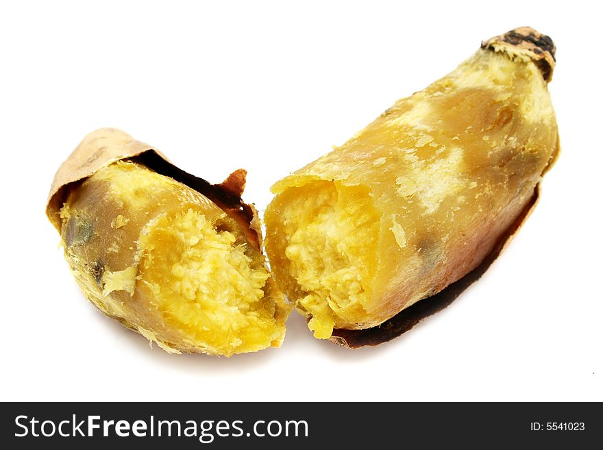 A steamed sweet potato peeled into half on white background.