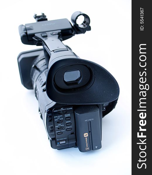 Professional hi definition digital video camera, isolated at white background, back view. Professional hi definition digital video camera, isolated at white background, back view