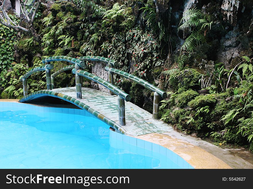 Bridge over a swimming pool with a tropical garden.