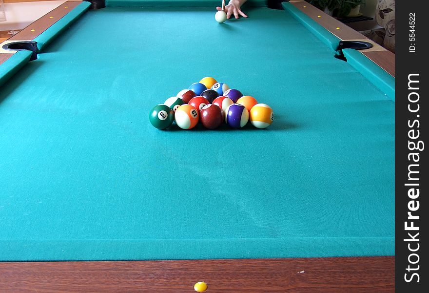 Billiard table with billiard's balls and men's hand. Billiard table with billiard's balls and men's hand