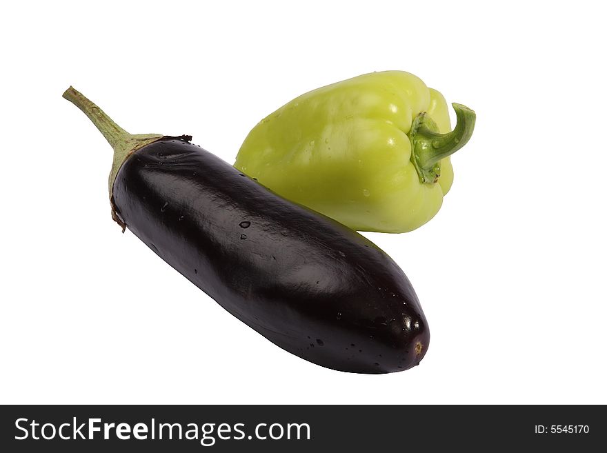 Eggplant and pepper on a white background