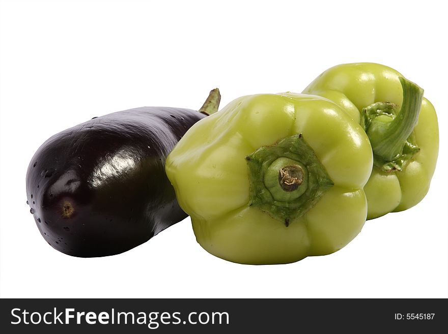 Eggplant and pepper on a white background